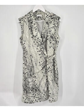 Calvin Klein Gray Black Animal Print Wrap Dress Buckle Belt Lined Size 12